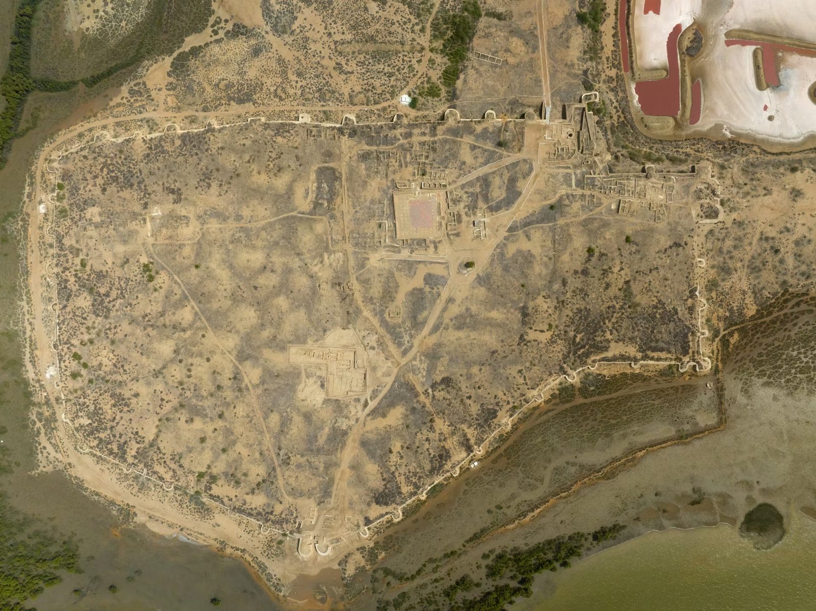Aerial orthophoto of the fortified city of Banbhore on the Gharo creek, with the salt works to the north-east