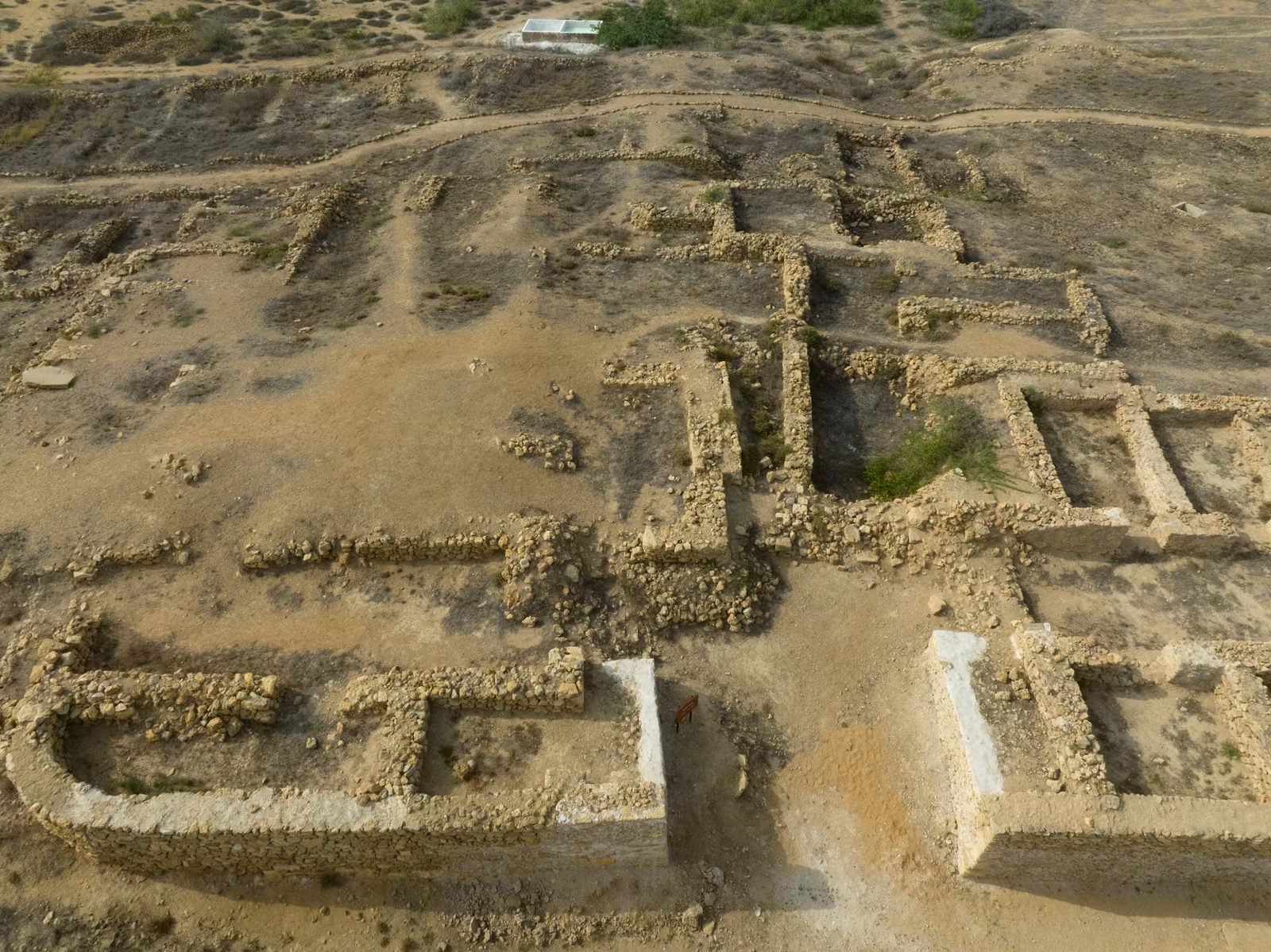 Aerial view of the north-eastern market area of Banbhore showing stone walls on a grid of streets