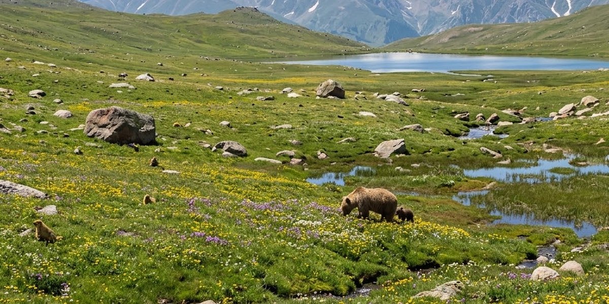 Wildflowers blooming around Sheosar Lake on the rolling green plains of Deosai