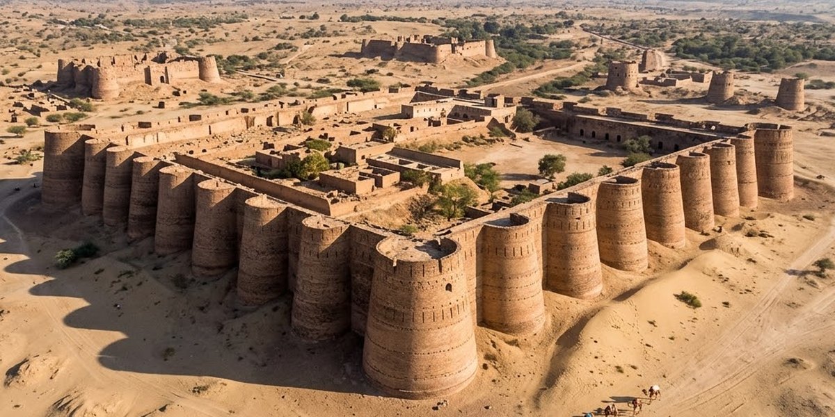 The massive brick bastions of Derawar Fort rising from the Cholistan desert