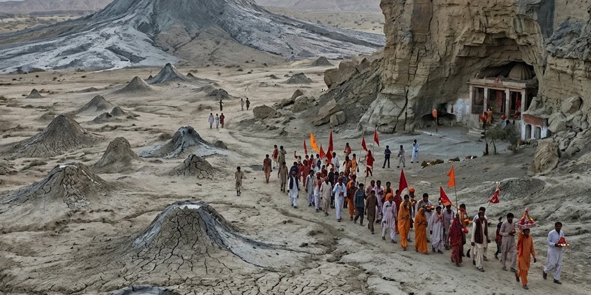 The active gray clay cone of Chandragup mud volcano in Hingol National Park