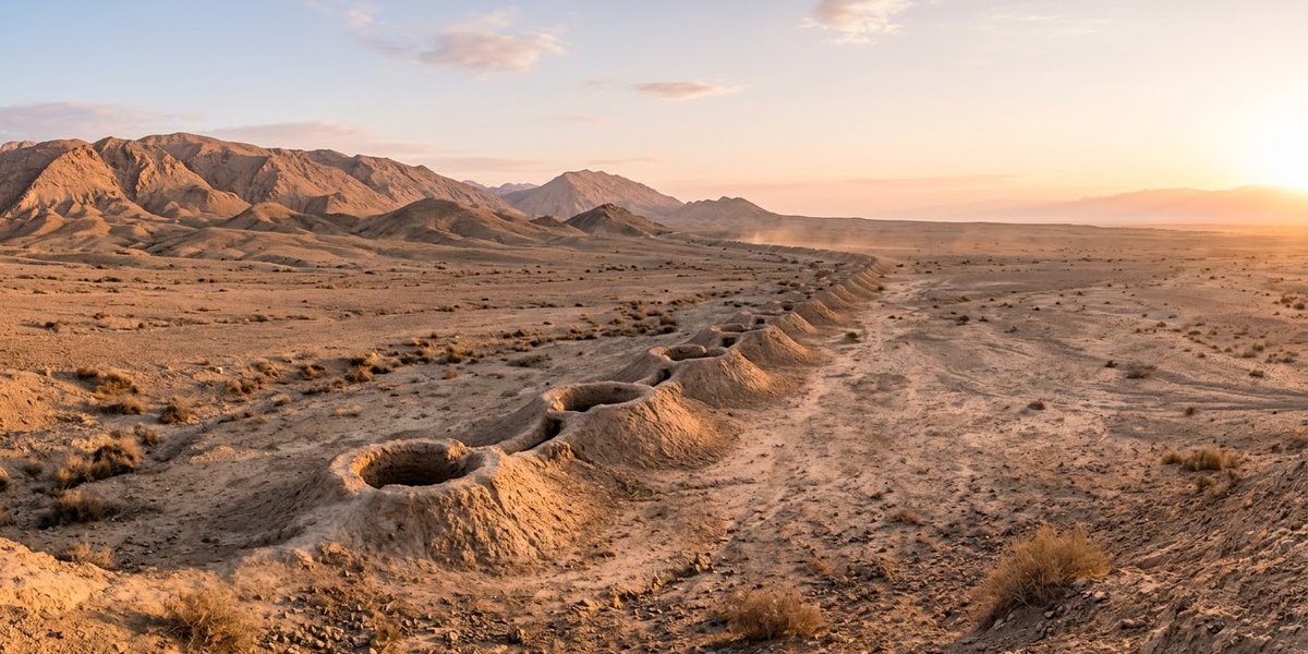 Water flowing from a stone-lined Karez subterranean aqueduct into a green orchard