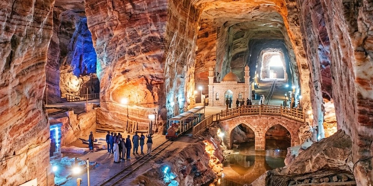 A hand-carved chamber of pink rock salt inside the Khewra Salt Mine