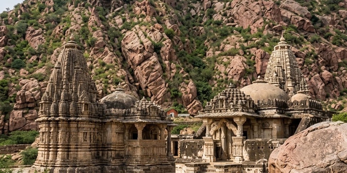 The white domes and marble columns of Gori Jain Temple against pink granite hills