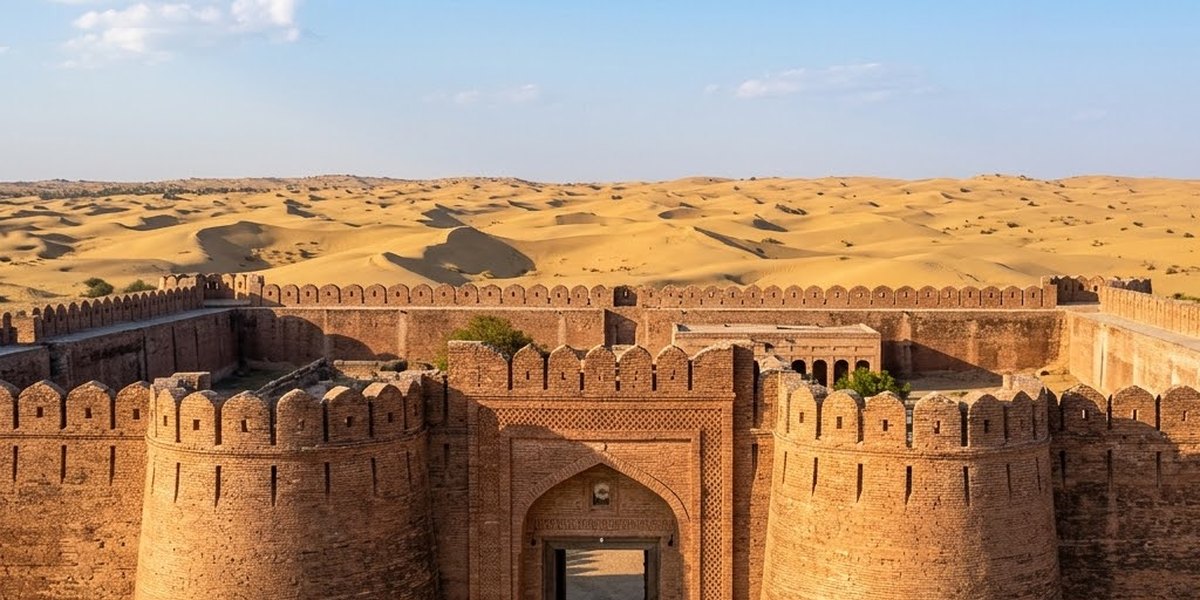 The baked-brick arched entrance gate of Naukot Fort framed by bastions