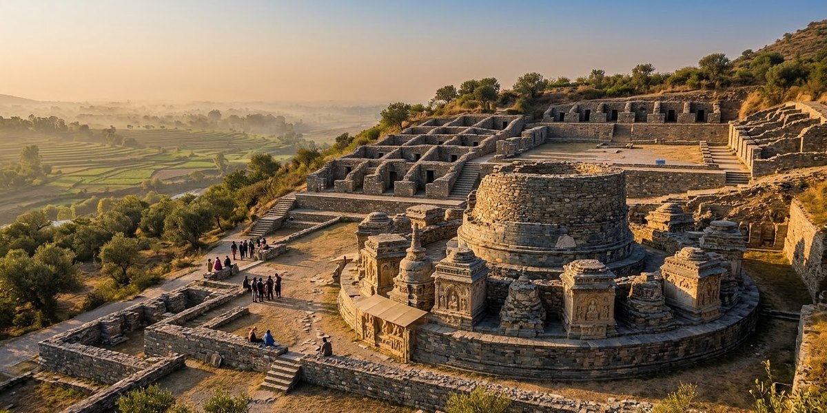 Stone masonry stupas and monastic courts terraced on the hills of Ranigat