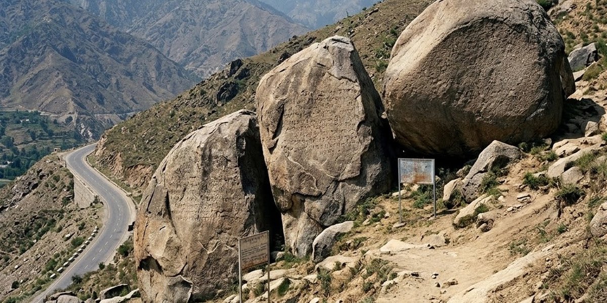 A large granite boulder carved with Ashoka's Kharosthi rock edicts