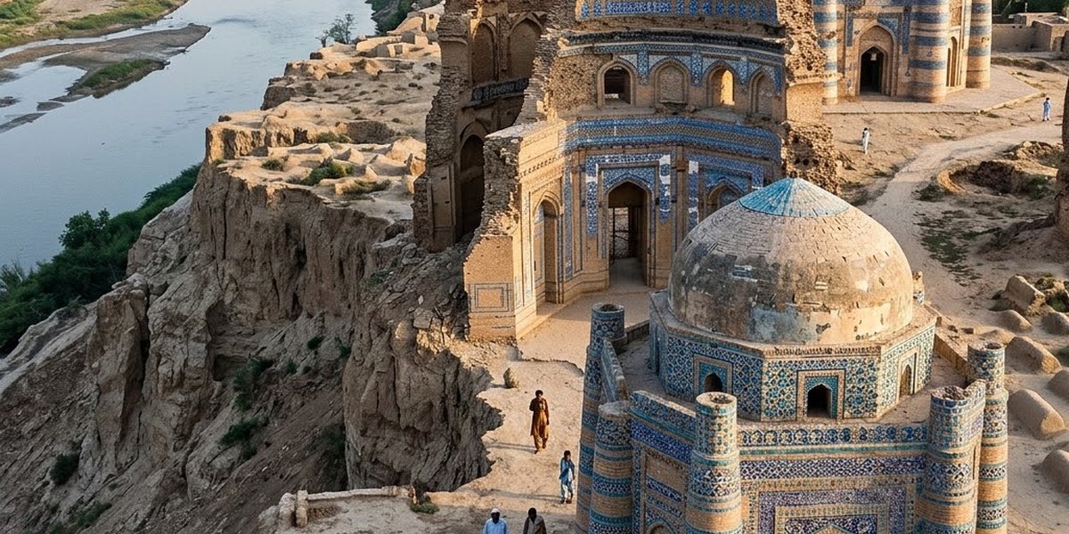 The blue tile patterns on the partially collapsed octagonal tomb of Bibi Jiwandi
