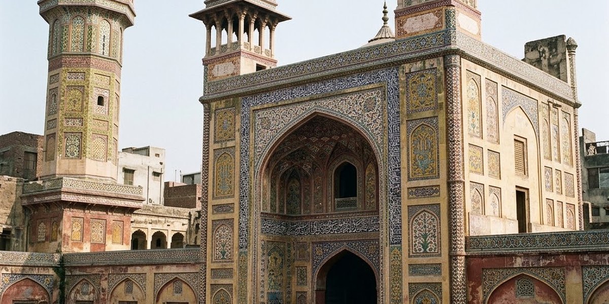 The glazed tile mosaic panels of the Wazir Khan Mosque facade